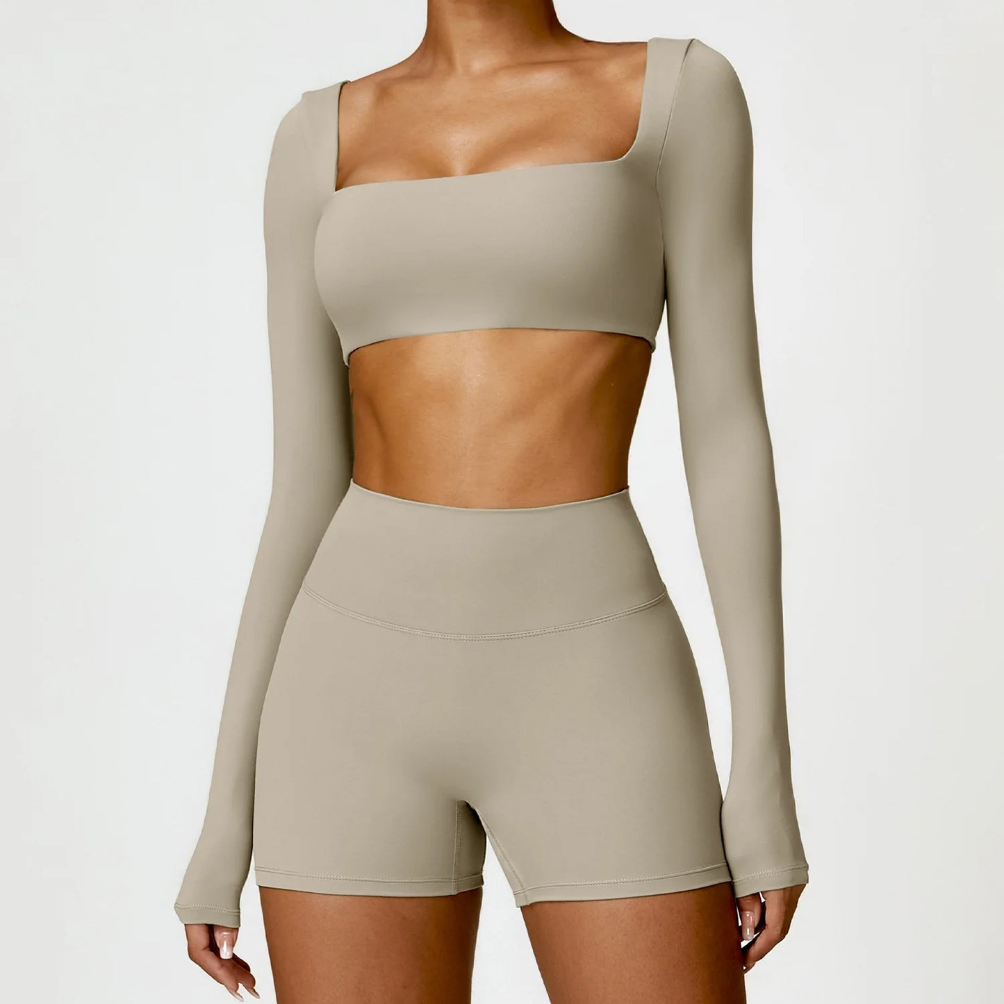 Square Neck Long-Sleeve Scrunch Sports Set with V-Waist Leggings for Comfort & Sculpting Fit - NEOFORMA APPAREL
