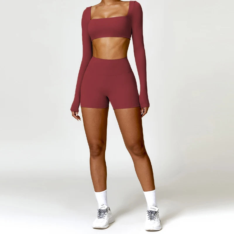 Square Neck Long-Sleeve Scrunch Sports Set with V-Waist Leggings for Comfort & Sculpting Fit - NEOFORMA APPAREL