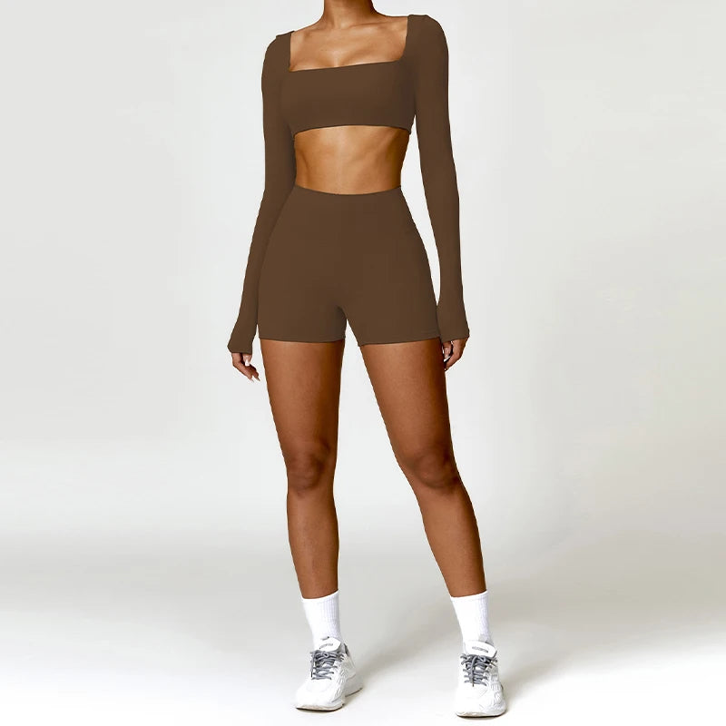 Square Neck Long-Sleeve Scrunch Sports Set with V-Waist Leggings for Comfort & Sculpting Fit - NEOFORMA APPAREL
