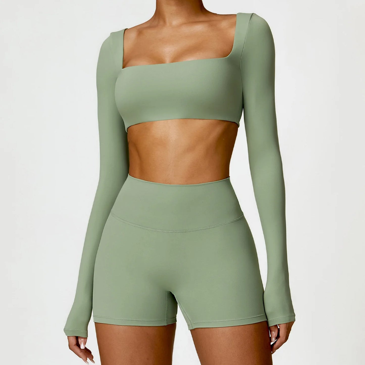Square Neck Long-Sleeve Scrunch Sports Set with V-Waist Leggings for Comfort & Sculpting Fit - NEOFORMA APPAREL