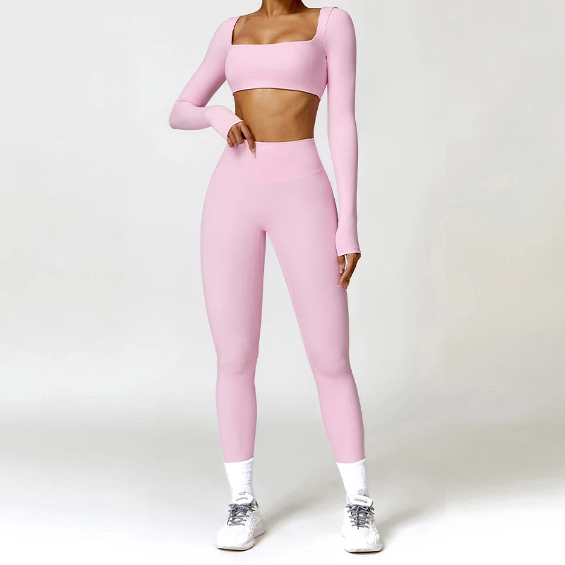 Square Neck Long-Sleeve Scrunch Sports Set with V-Waist Leggings for Comfort & Sculpting Fit - NEOFORMA APPAREL