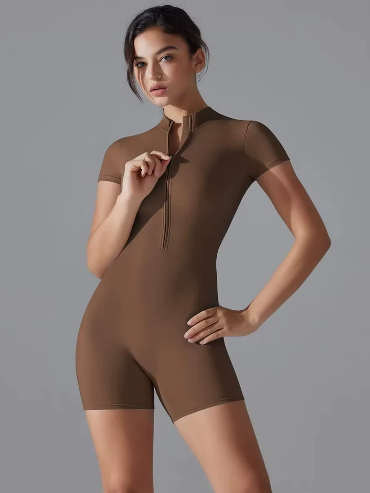 Essential Sculpt Short-Sleeve Zipped Jumpsuit (Short Length)
