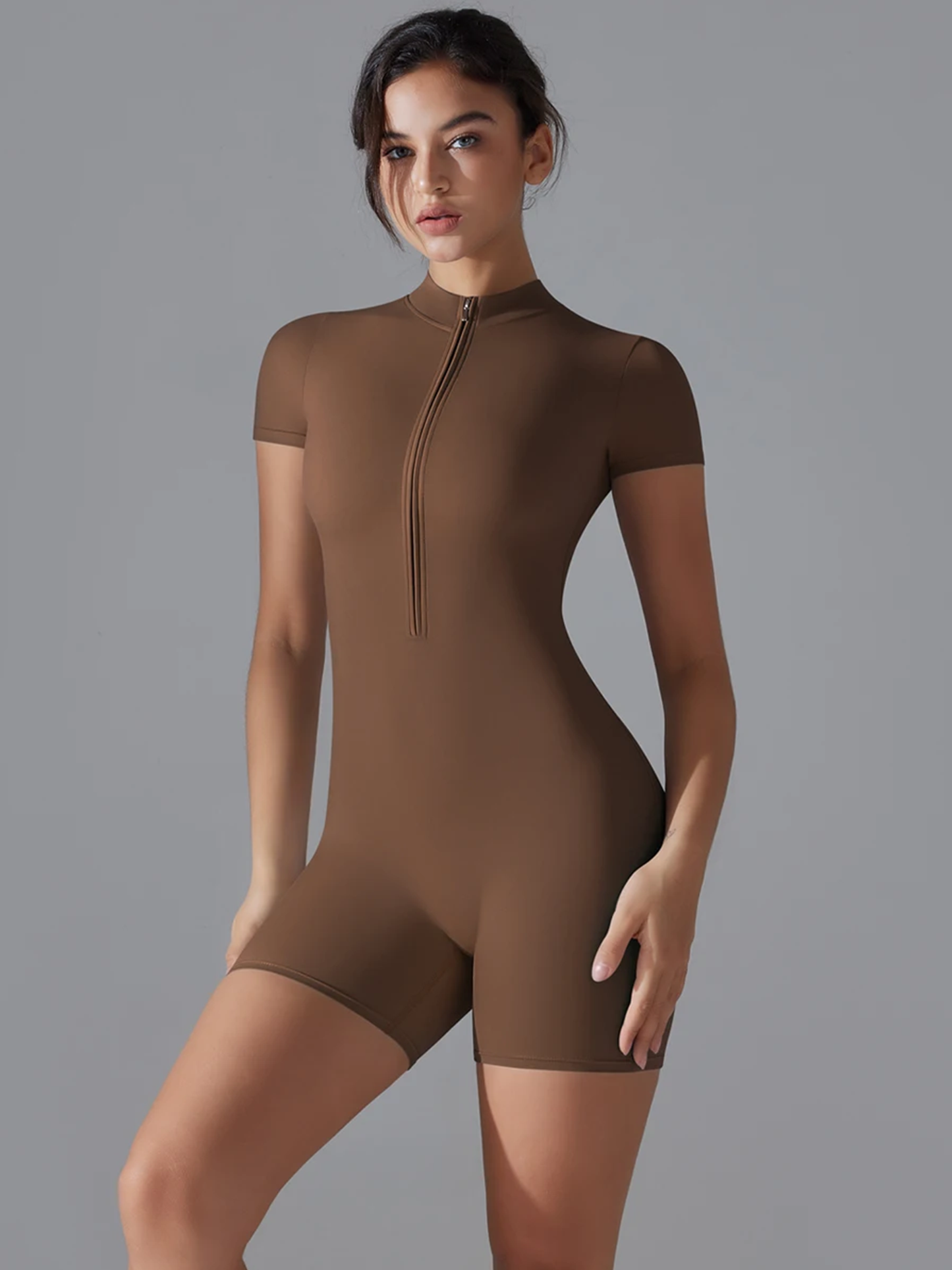 Essential Sculpt Short-Sleeve Zipped Jumpsuit (Short Length)