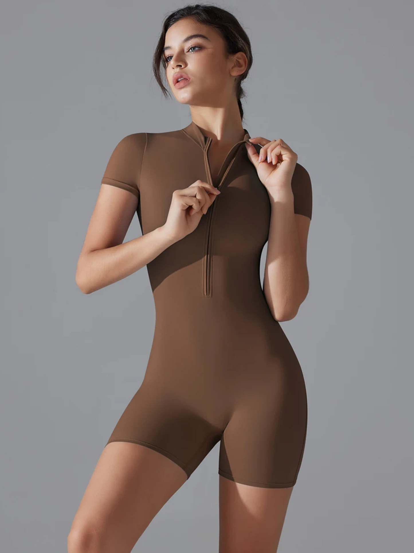 Essential Sculpt Short-Sleeve Zipped Jumpsuit (Short Length)