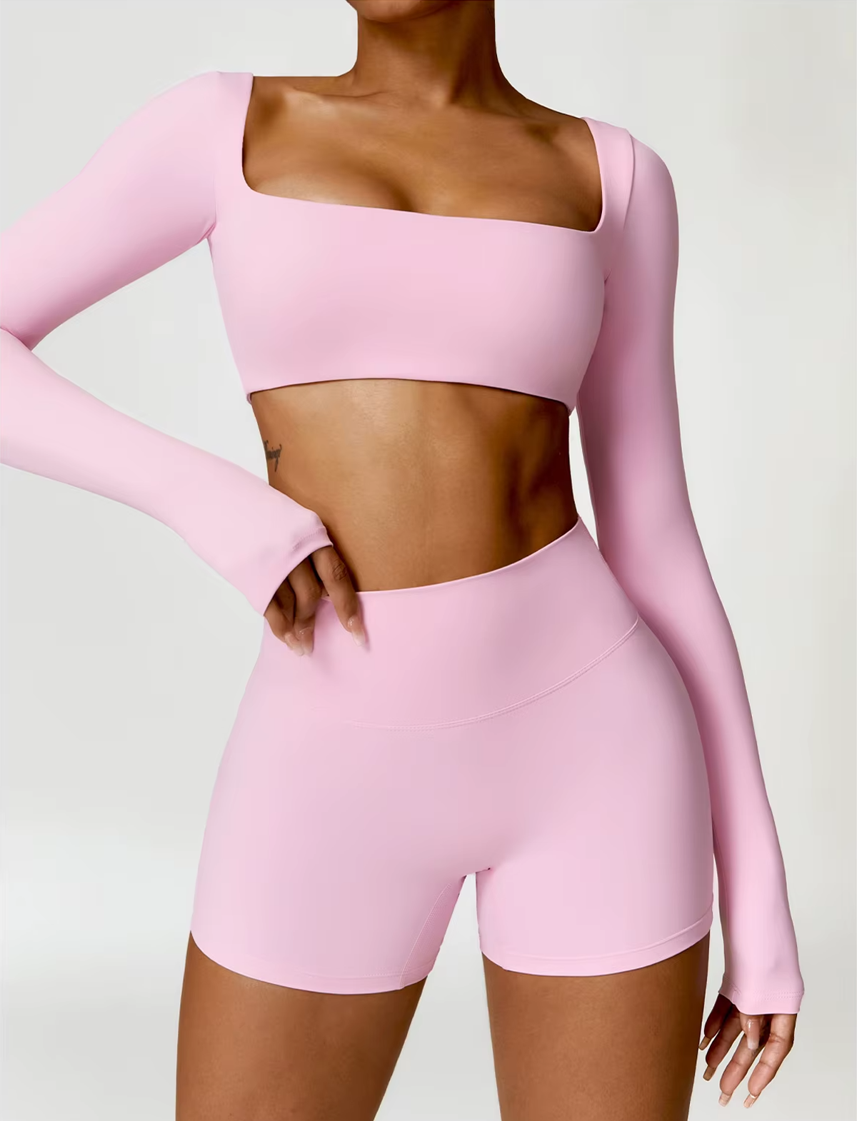 Square Neck Seamless Sculpt Set | Long-Sleeve Crop Top + Scrunch-Sculpt High-Waist Legging or Shorts