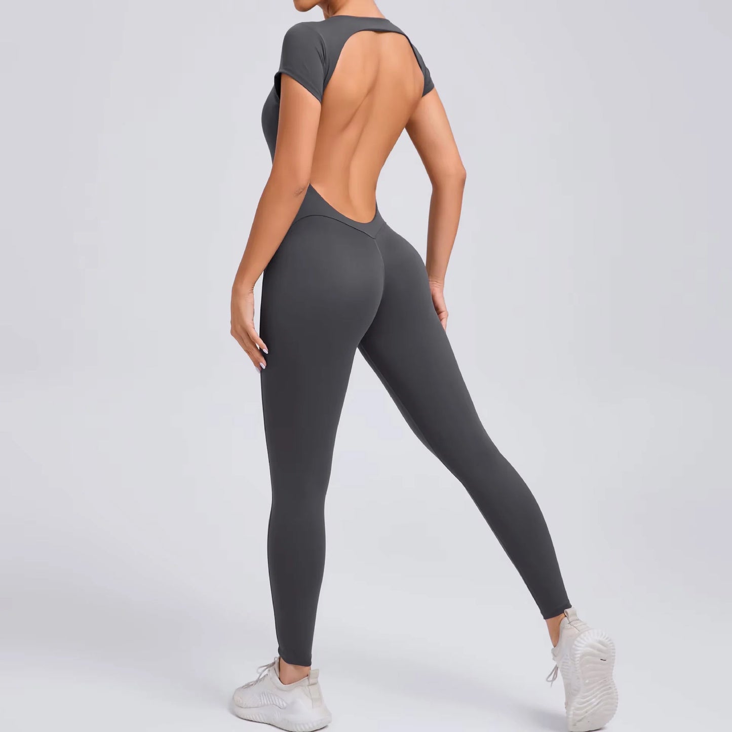 Open-Back Short-Sleeve Sculpt Jumpsuit - Full-Length Legging