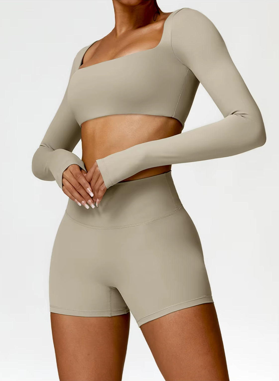 Square Neck Seamless Sculpt Set | Long-Sleeve Crop Top + Scrunch-Sculpt High-Waist Legging or Shorts