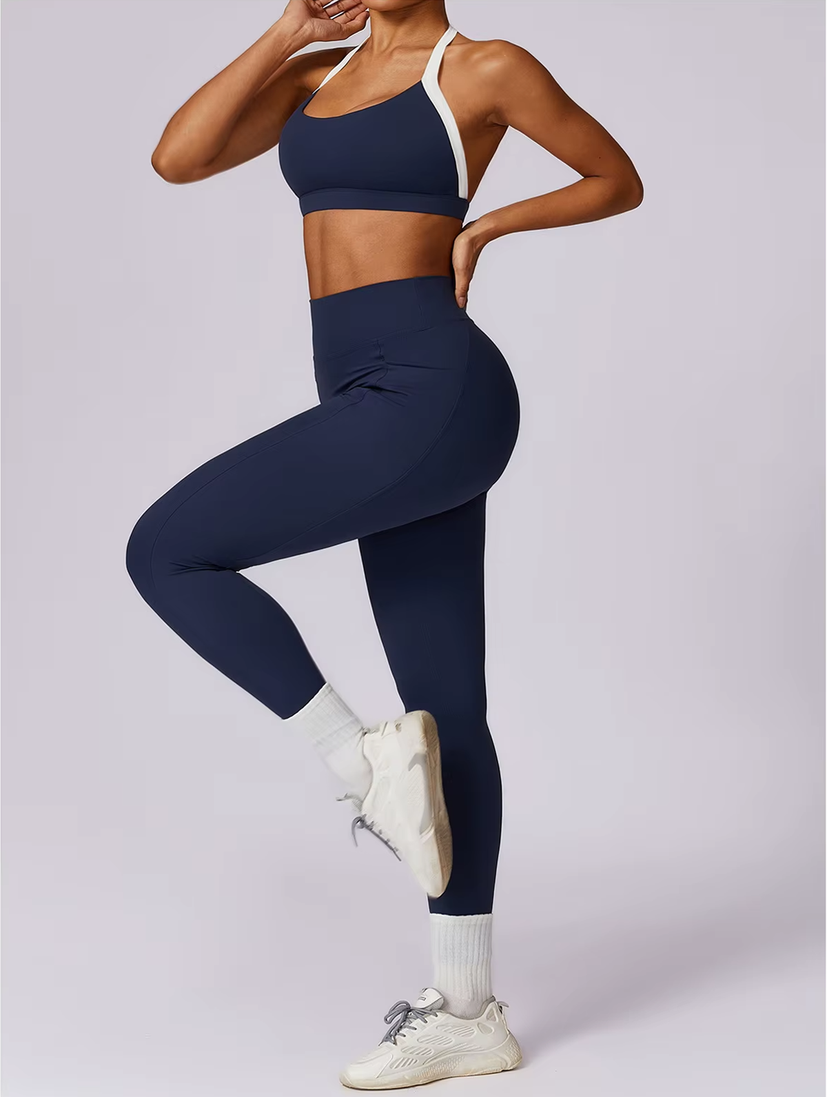 Open-Back Contrast Trim Sculpt Set | Halterneck or Long-Sleeve Square Neck Crop Top + V-Waist Legging