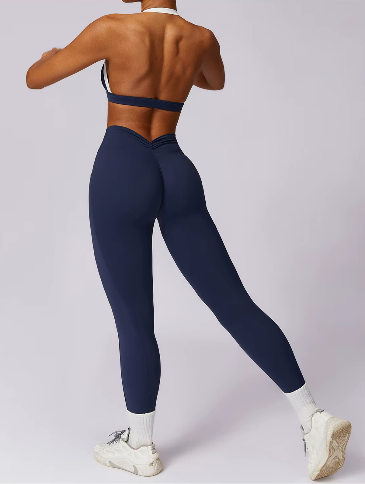 Open-Back Contrast Trim Sculpt Set | Halterneck or Long-Sleeve Square Neck Crop Top + V-Waist Legging