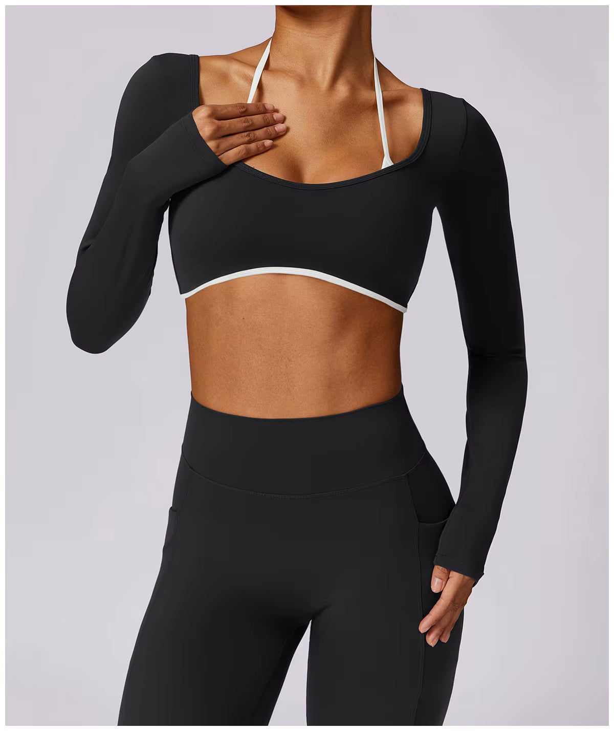 Open-Back Contrast Trim Sculpt Set | Halterneck or Long-Sleeve Square Neck Crop Top + V-Waist Legging