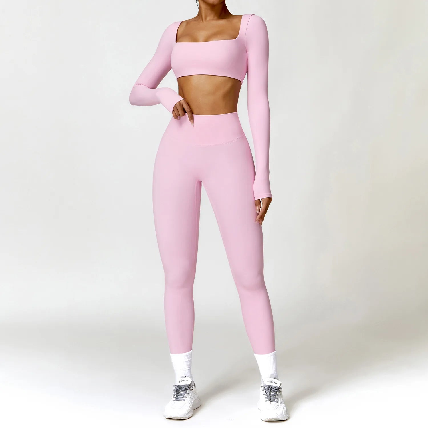 Square Neck Long-Sleeve Scrunch Sports Set with V-Waist Leggings for Comfort & Sculpting Fit - NEOFORMA APPAREL