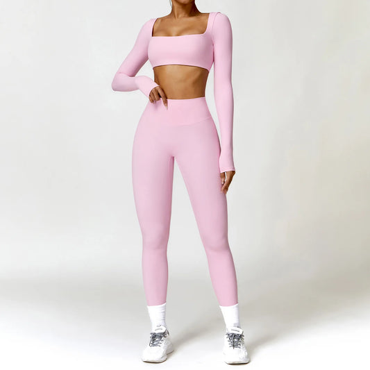 Square Neck Long-Sleeve Scrunch Sports Set with V-Waist Leggings for Comfort & Sculpting Fit - NEOFORMA APPAREL