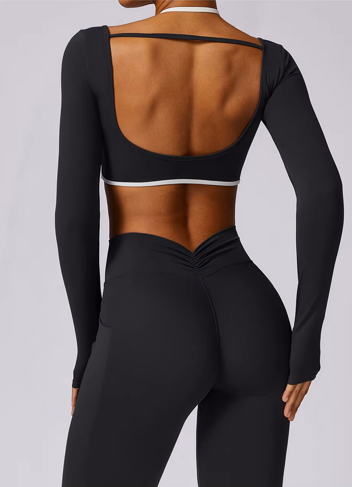 Open-Back Contrast Trim Sculpt Set | Halterneck or Long-Sleeve Square Neck Crop Top + V-Waist Legging