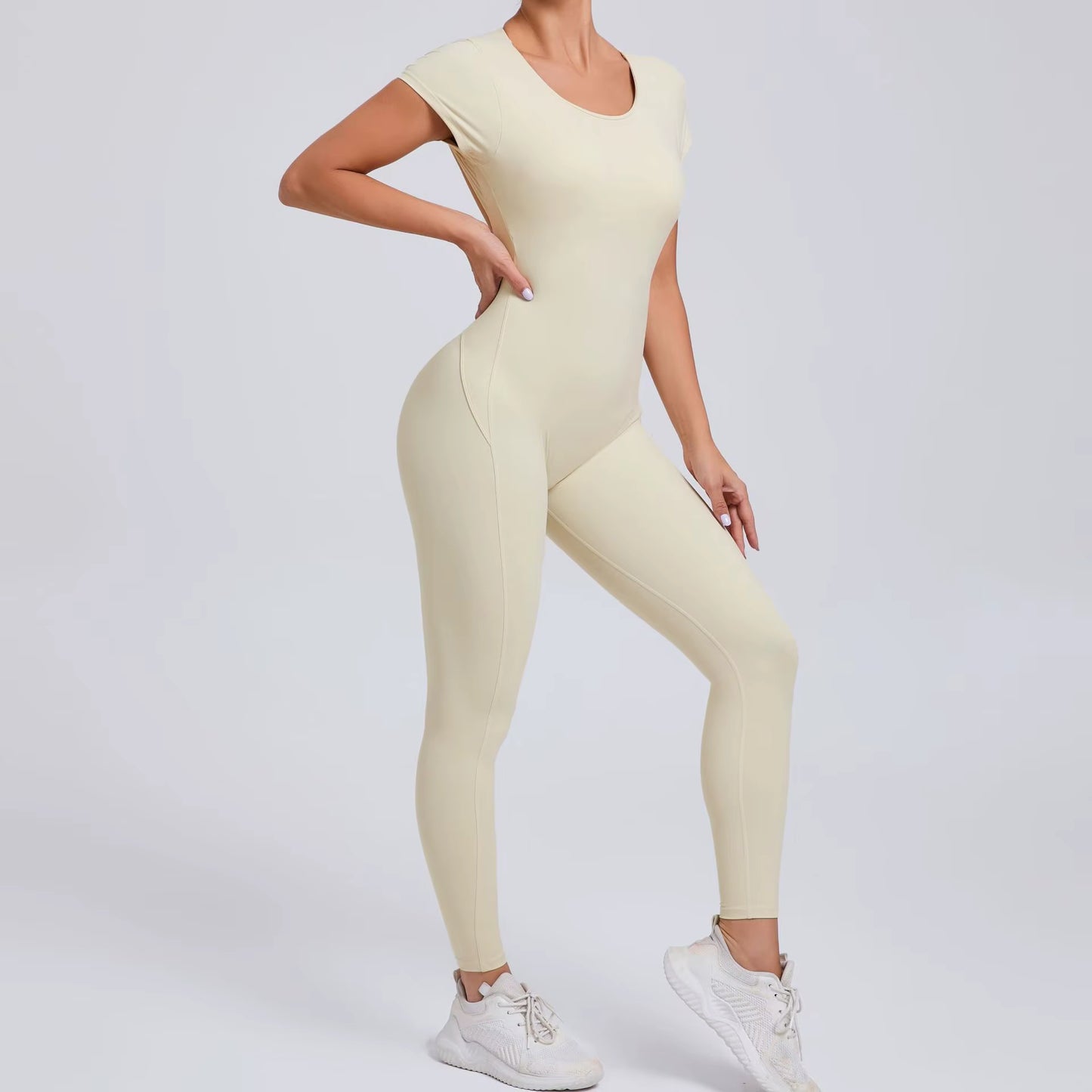 Open-Back Short-Sleeve Sculpt Jumpsuit - Full-Length Legging