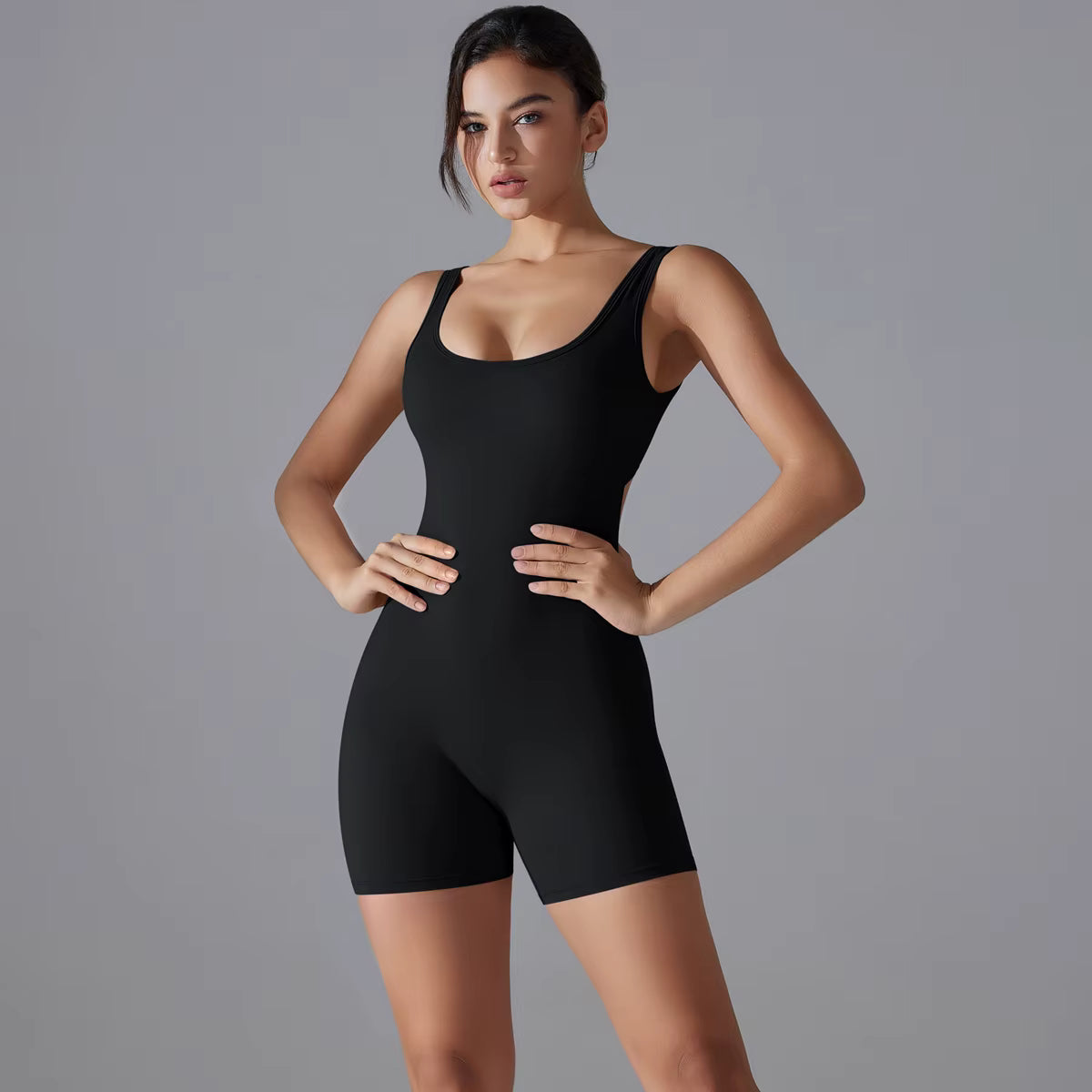 Scoop Neck V-Back Scrunch Short Jumpsuit