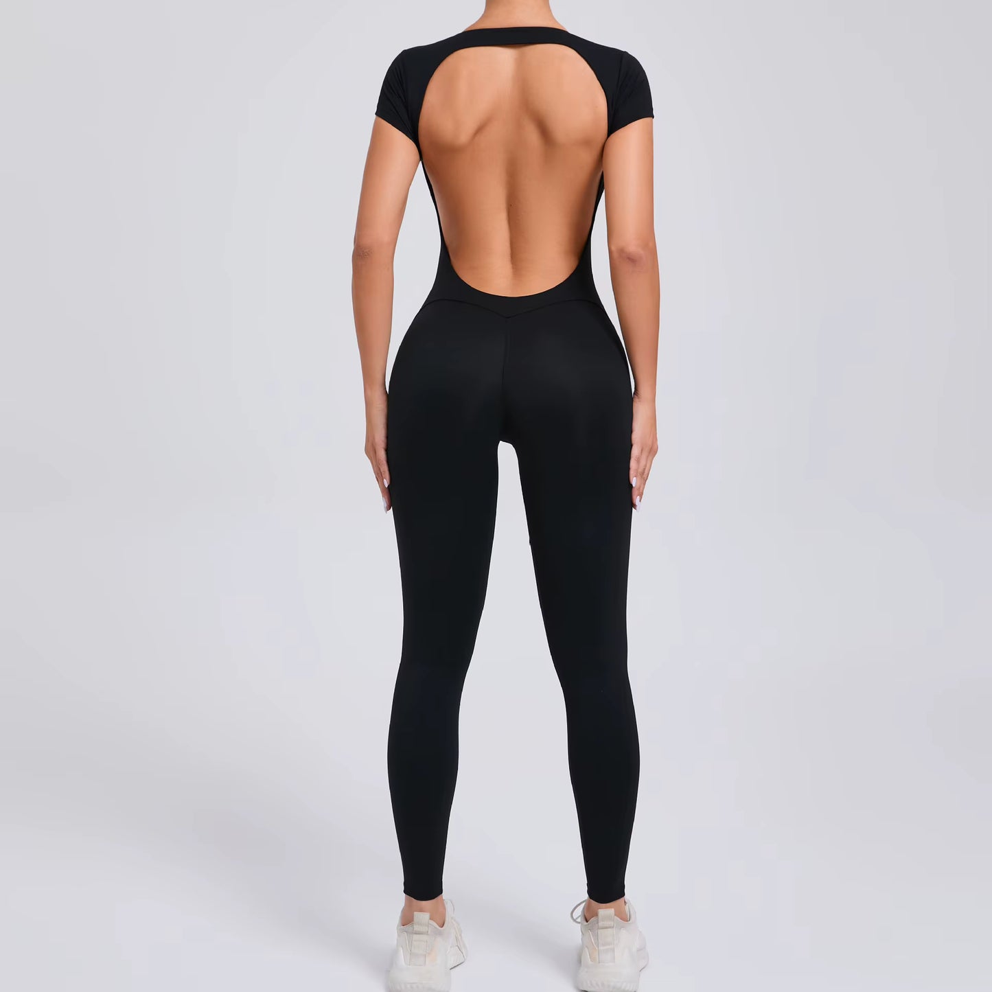 Open-Back Short-Sleeve Sculpt Jumpsuit - Full-Length Legging