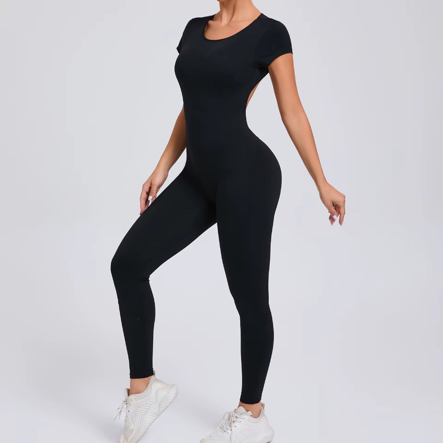Open-Back Short-Sleeve Sculpt Jumpsuit - Full-Length Legging