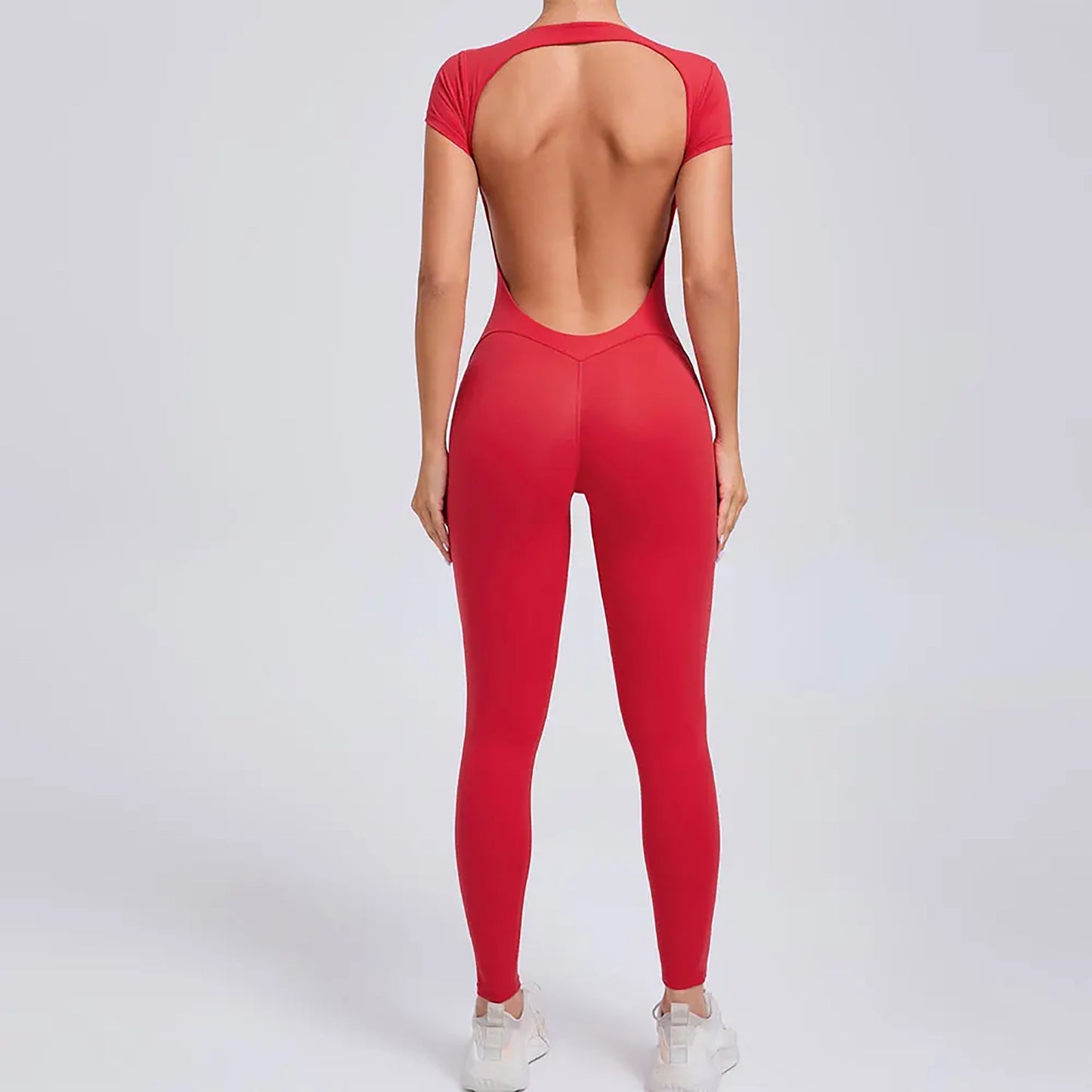 Open-Back Short-Sleeve Sculpt Jumpsuit - Full-Length Legging