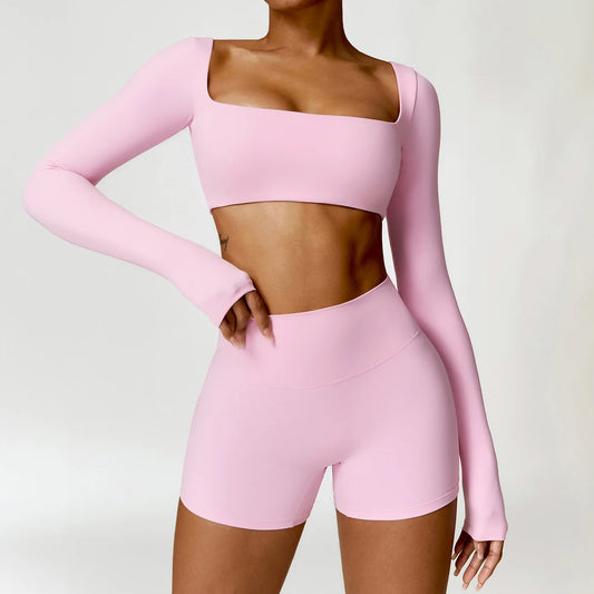 Square Neck Long-Sleeve Scrunch Sports Set with V-Waist Leggings for Comfort & Sculpting Fit - NEOFORMA APPAREL